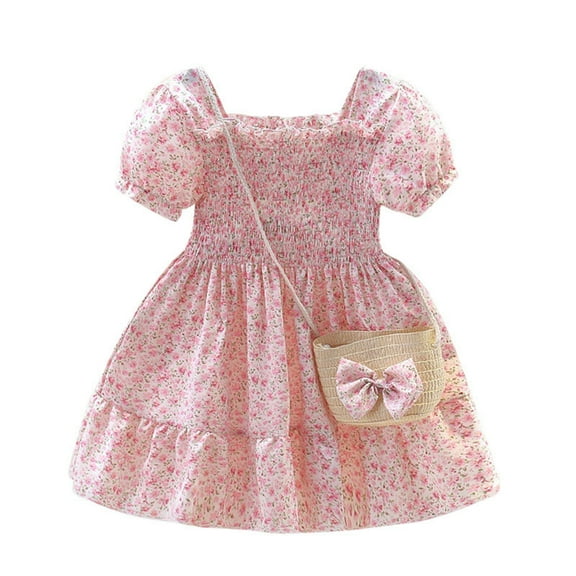 WBQ Toddler Girls Summer Dress with Crossbody Bag 2-9 Years Little Girls Puff Sleeve Square Neck Floral Printed Princess Dress Casual Party Dress Baby Girl Tutu Dress