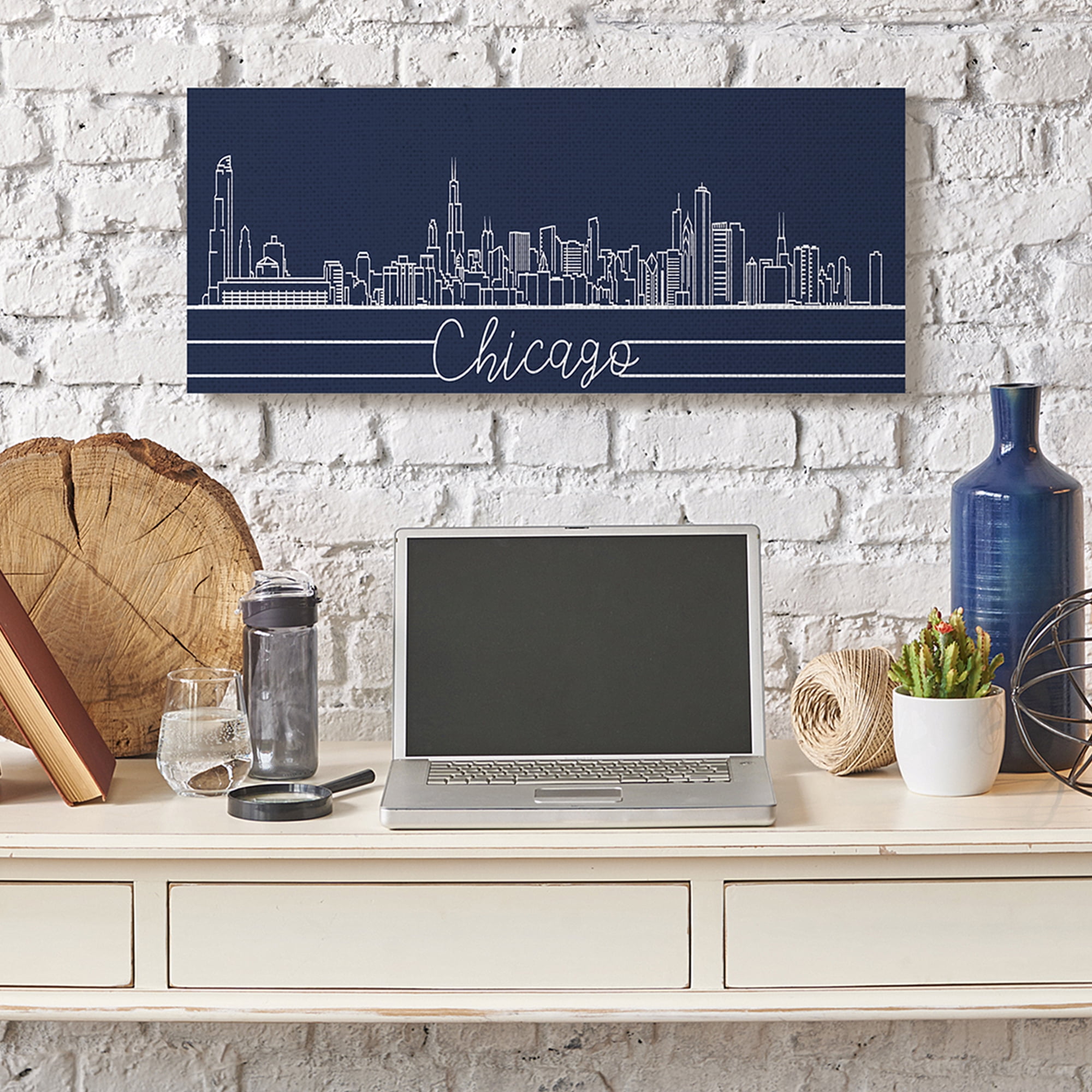 Stupell Industries Chicago Illinois Linework City Skyline Deep Blue Canvas Wall Art, 13 x 30, Design by Daphne Polselli