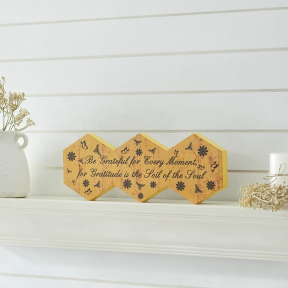 VHC Brands Buzzy Bees Be Grateful for Every Moment Hexagons MDF Wall Sign 5.8x15, Spring Decor, Home Decorations for Wall or Door, Spring and Easter Hanging Decoration