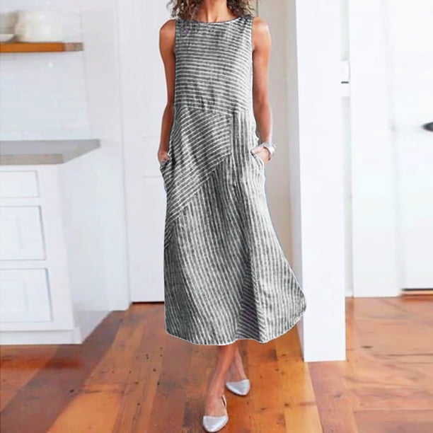 WILLBEST Vestidos Casuales para Mujer Fiesta Vestido de Moda para Mujer con Estampado de Rayas y Bolsillos con Cremallera Vestido Ajustado sin Mangas con Cuello Redondo Grande