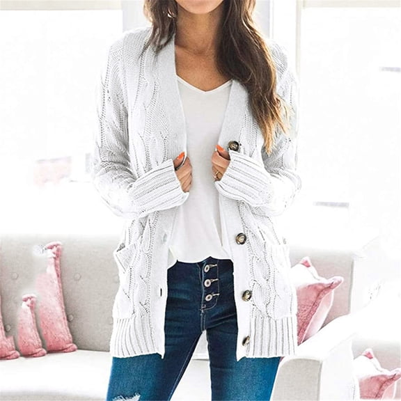Qetyuw Womens Cable Knit Cardigans Button Down Long Sleeve Open Front Cardigan Jacket Fall Winter Casual Coat