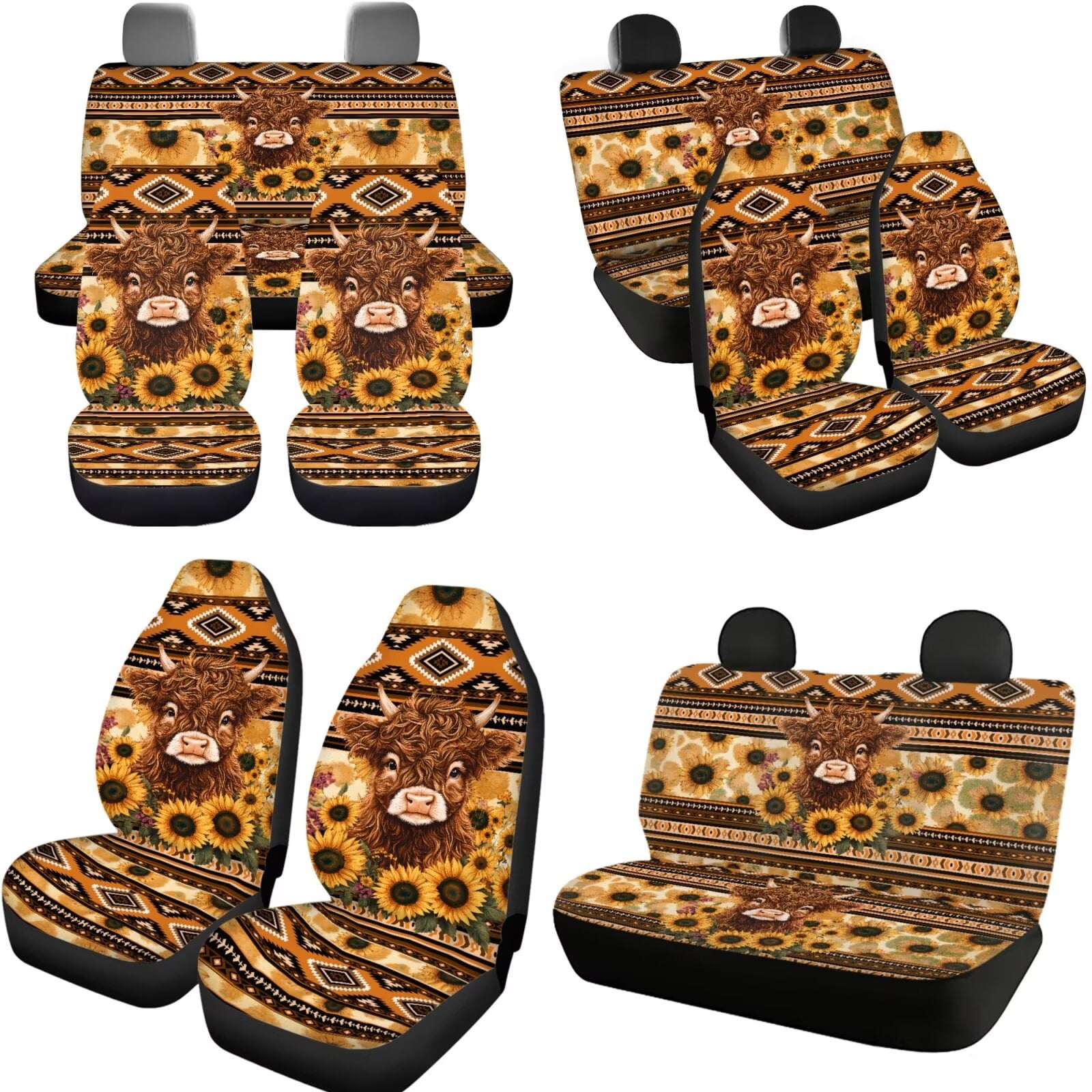 Garronmavis Aztec Highland Cow Car Seat Covers Set with Auto Headrest Cover+Handbrake Gear+Shift Knob Cover+Auto Cup Coaster+Wristlet Keychain Light Breathable Auto Interior Protector