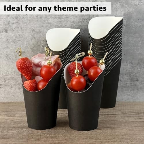 50 Charcuterie Cups + 200 Cocktail Picks + 56 Labels, 12 oz Disposable Charcuterie Cups with Sticks (2 Types), French Fry Cups Brown Paper Appetizer Cups for all Occasions（Black）
