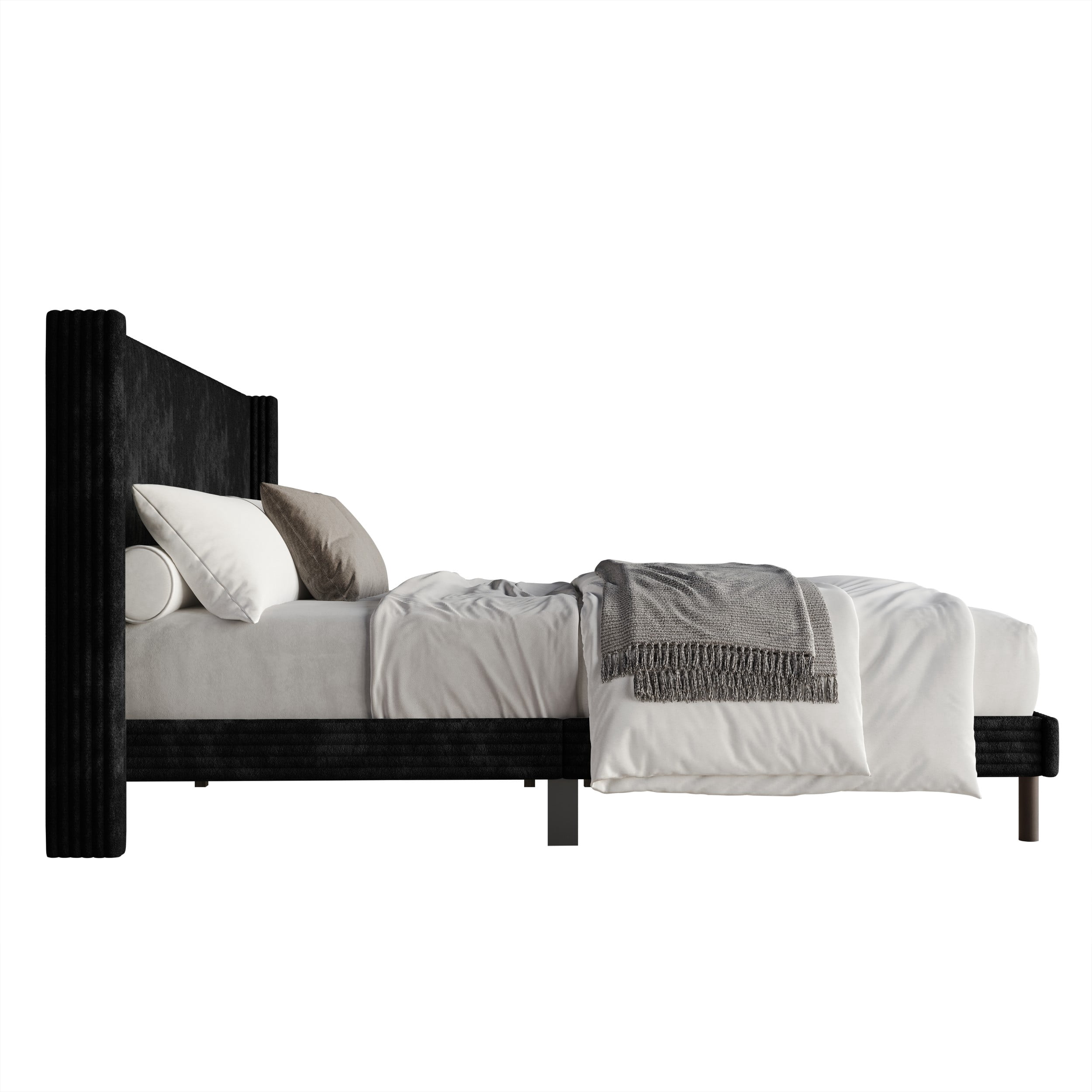 Home Design Duluth Queen Corduroy Velvet Upholstered Platform Bed Frame with Wingback Headboard & Button-Tufted Detail, Black, Easy Assembly