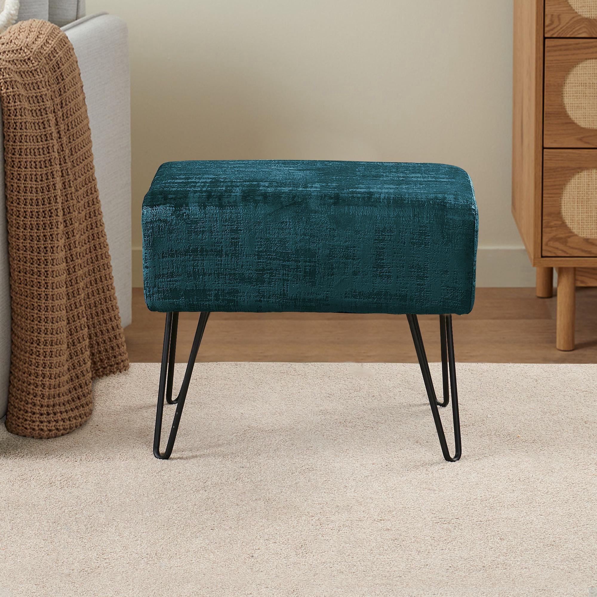 Home Soft Things Textured Velvet Ottoman Stool Chair, Upholstered Footrest with Black Metal Legs, Deep Teal, 19" x 13" x 17"