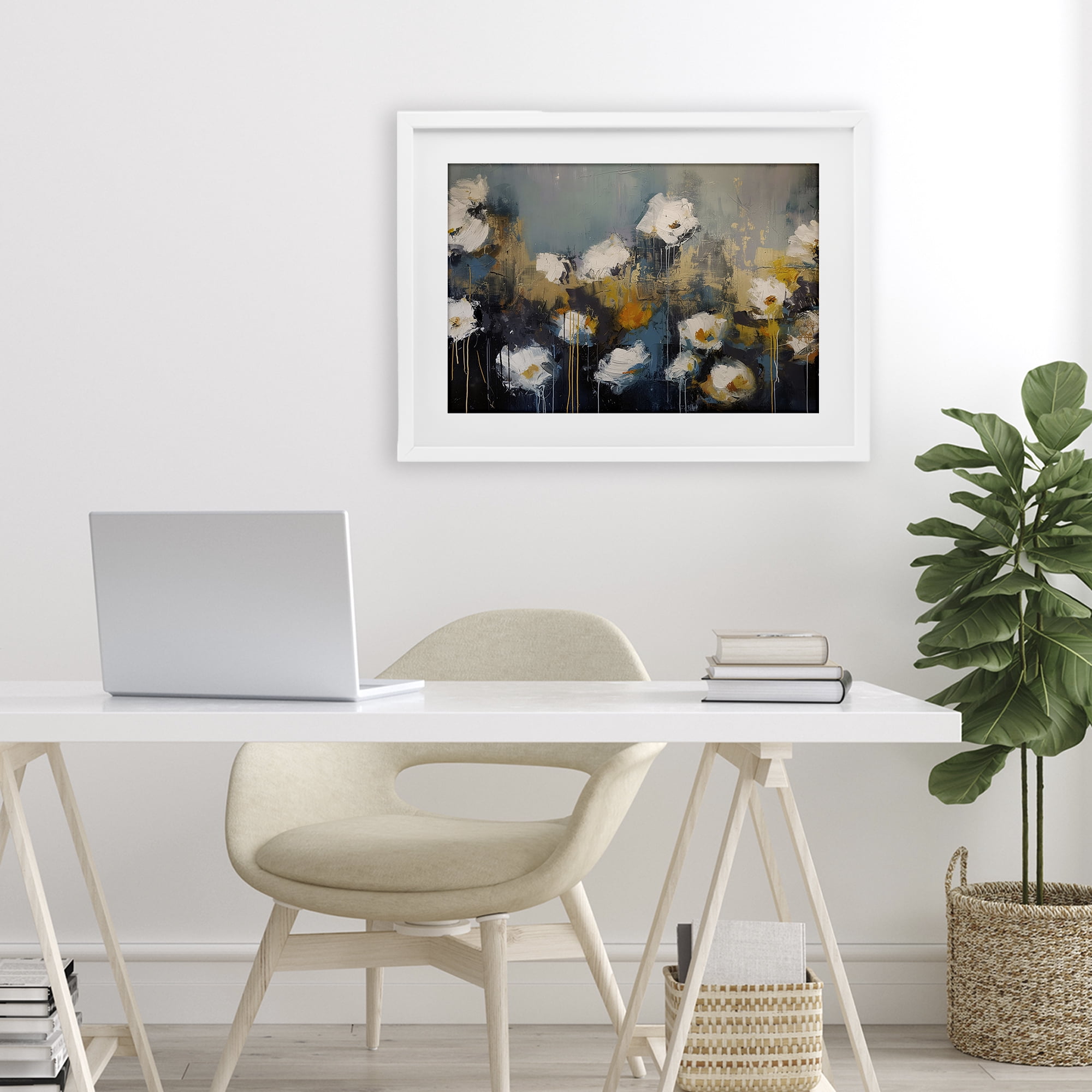 Stupell Industries Contemporary Paint Drip Blossoms White Framed Print Under Glass, design by Jacky Ngan