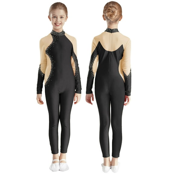 iiniim Kids Girls Sparkly Long Sleeve Full Body Unitard Gymnastics Leotard Bodysuit Ballet Dancewear Black 6