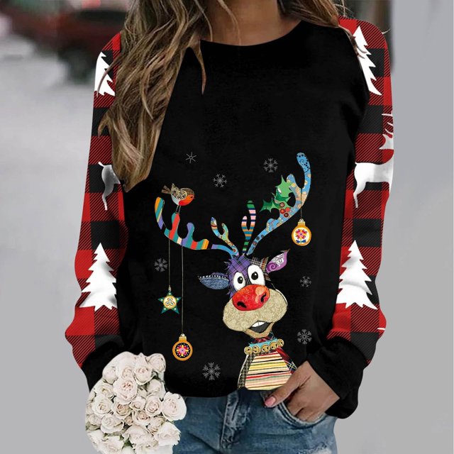Pntutb - Camiseta holgada con estampado de moda para mujer, blusa de manga larga, cuello redondo, tops casuales Pntutb Pntutb-1703