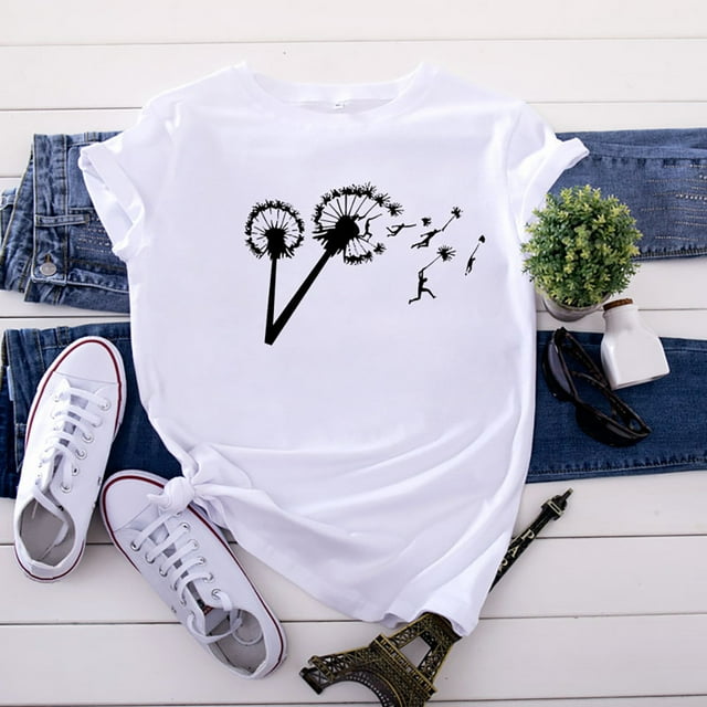 Hauts d'Été Grande Taille pour Femmes T-Shirt Imprimé Fleurs Amusant Manches Courtes Col en V en Solde