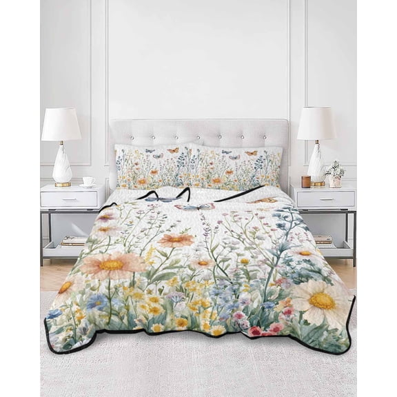 Quilts Twin XL Size, Spring Floral Soft Comforter Bedding Set for Bed, Butterfly Summer Botanical Watercolor Flowers Lightweight Quilted Bedspread with Pillow Cover(2 Pieces), 68x98 Inch