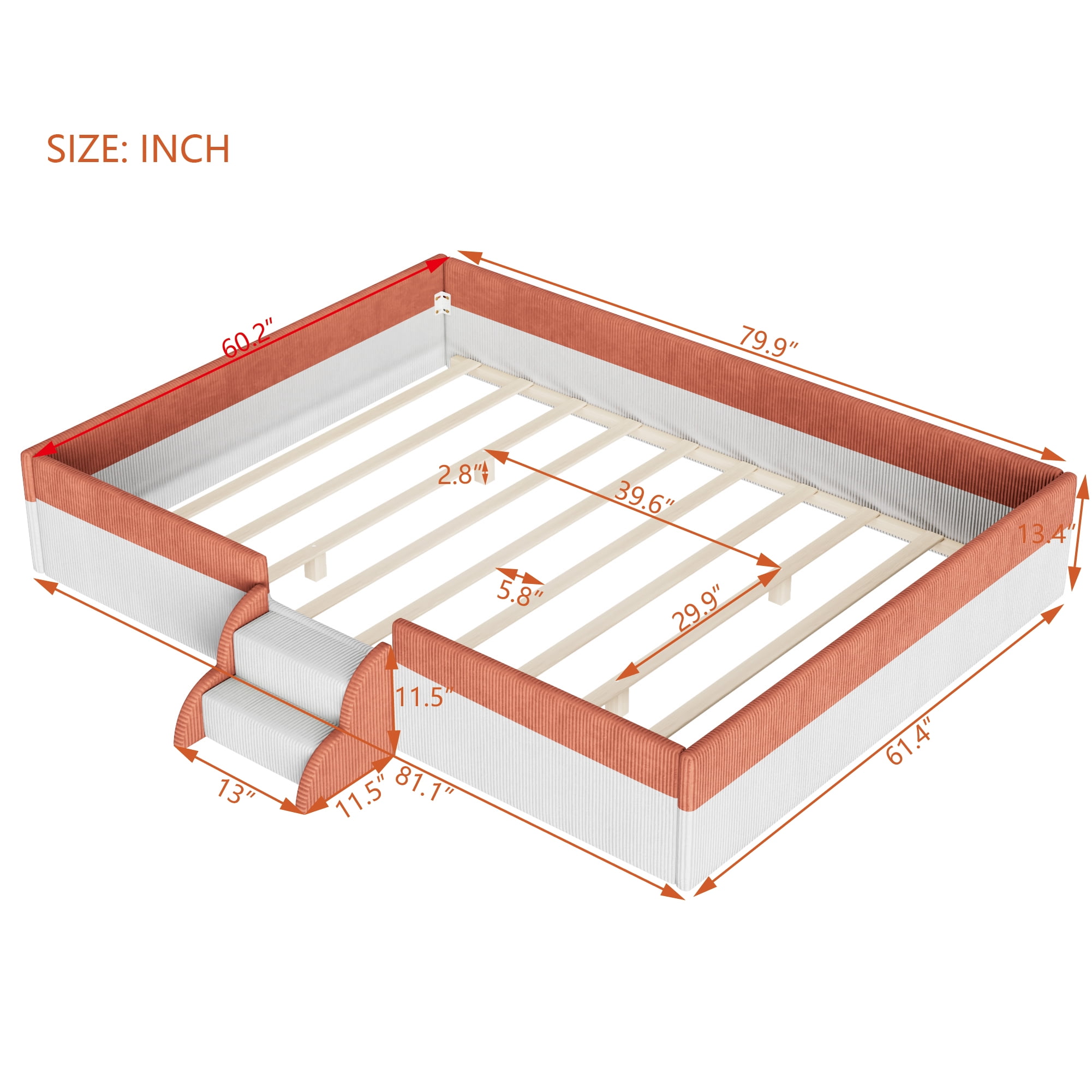 Howcool Queen Size Corduroy Upholstered Floor Bed with Fence and Smart LED Lights,2-Tier Steps Platform Bed Frame,Brown+White