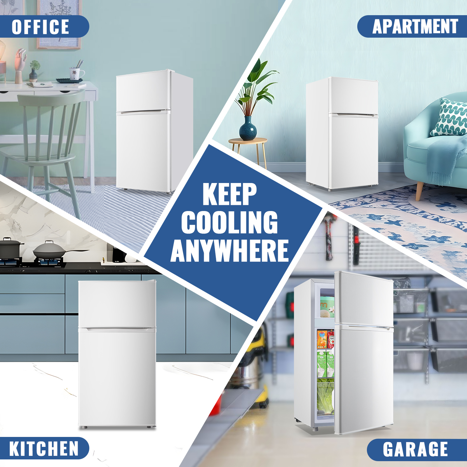 JIEJIA 3.5 Cu.ft Two Door Mini Refrigerator with Freezer, Compact Small Fridge Adjustable Removable Shelves, White