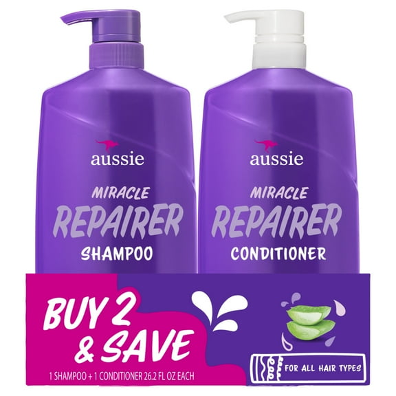 Aussie Miracle Repairer Paraben Free Shampoo &  Conditioner Dual Pack for All Hair Types, 26.2 oz