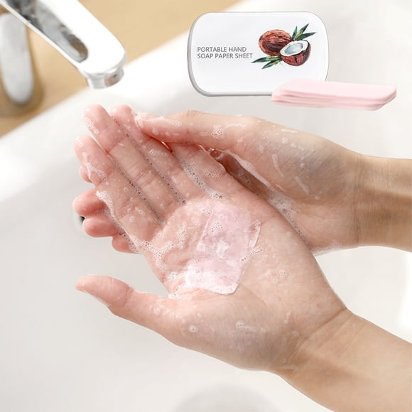 50 Láminas de Jabón de Manos Portátiles | Jabón de Papel para Baño, Viajes, Camping y Senderismo | Ingredientes Naturales | Aroma a Fresa y Coco | 5 X 2,8 Cm | 30 G | Ideal para Viajes, Fiestas y La