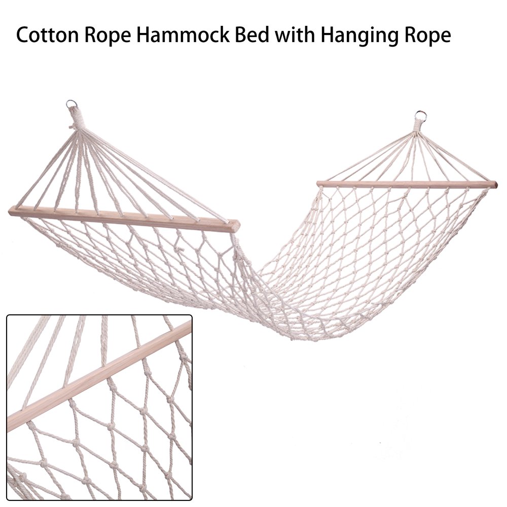 Cotton Rope Hammock, Single Hammock with Wood Pole & Rope for Garden