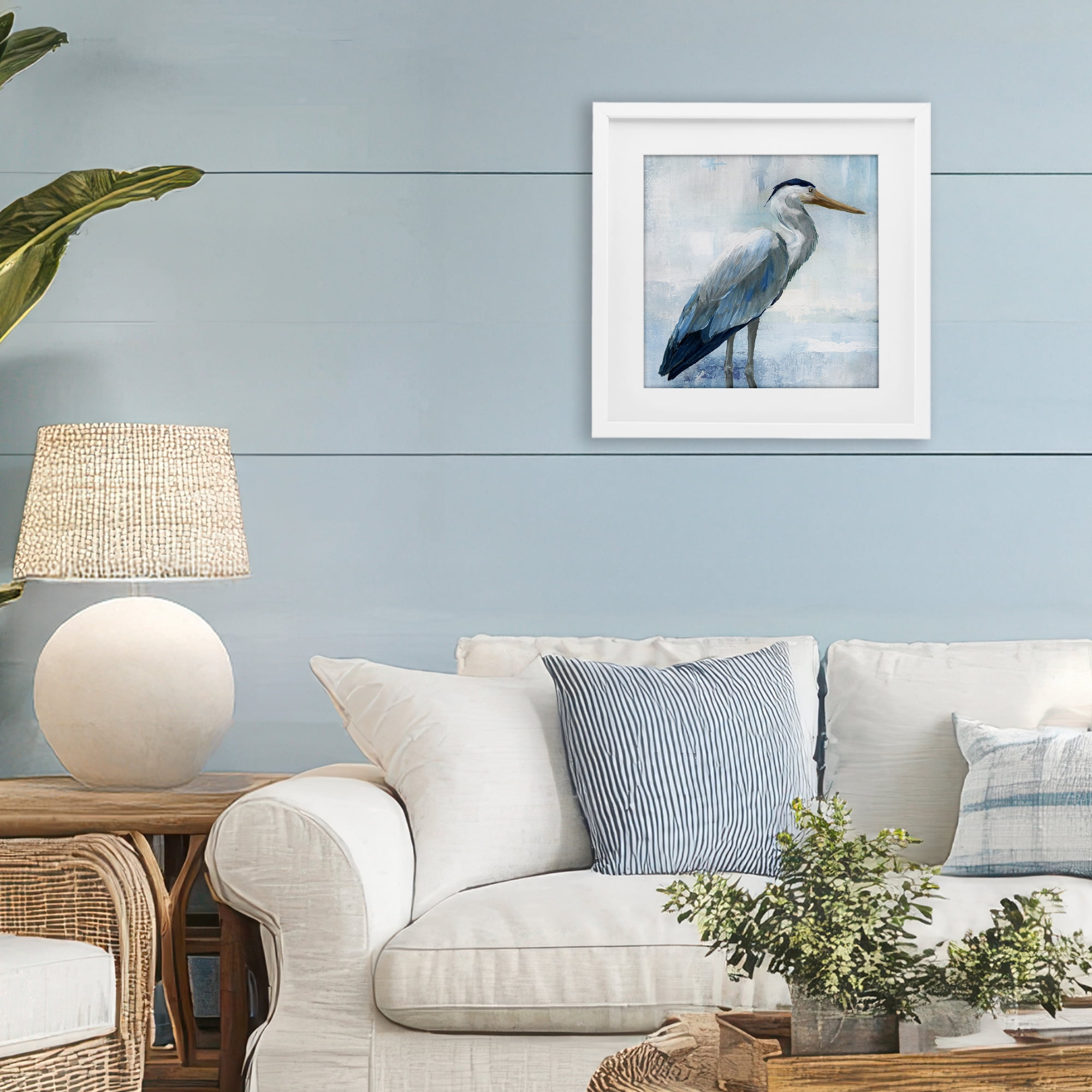 Stupell Industries Serene Blue Heron In Aqua White Framed Print Under Glass, design by Nan