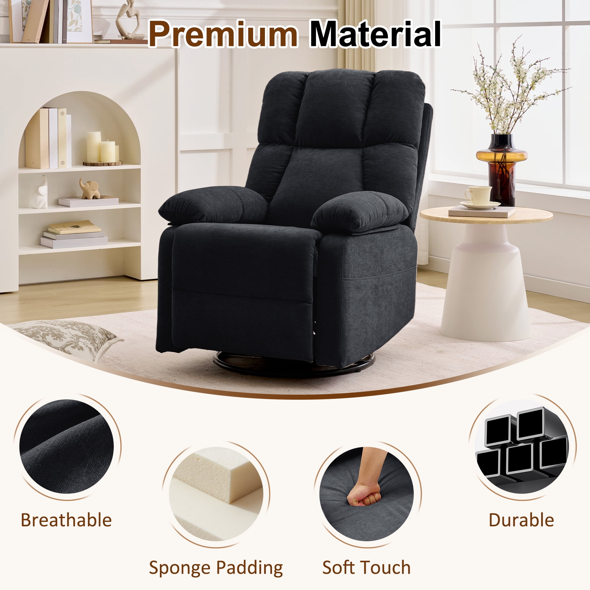 GEEYOO Swivel Rocker Recliner Chair for Adults,360°Swivel Nursery Recliner with Side Pockets,Small Recliner Chair for Small Spaces for Living Room,Linen,Black