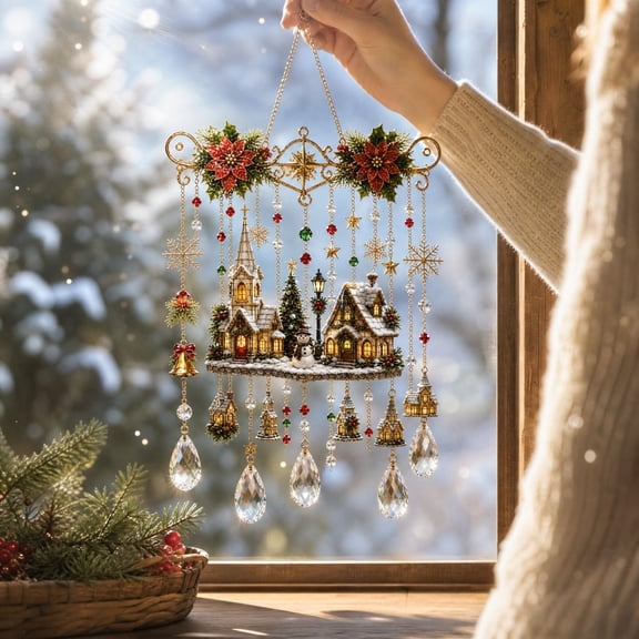 Metal Christmas Wind Chime Sun Catcher, Village Scene Snow Effect, Red Green Gold Hanging Ornament for Home