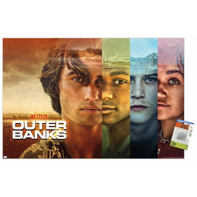 Netflix Banques Extérieures - Visages Affiche Murale avec Punaises, 22,375 Po x 34 Po Présentant une Affiche Brillante à Haute Résolution Divisée en Quatre Panneaux de Couleur Verticaux Montrant Chacun un Personnage de la Série Banques Extérieures, avec le Titre en Texte Blanc Audacieux sur un Fond Chaud et Incluant 30 Punaises Transparentes pour un Affichage Mural Facile.