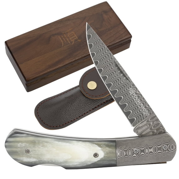 YOUSUNLONG Folding Knife -Camping Knife Overall 175mm Japanese Damascus Steel Bull Horn Handle