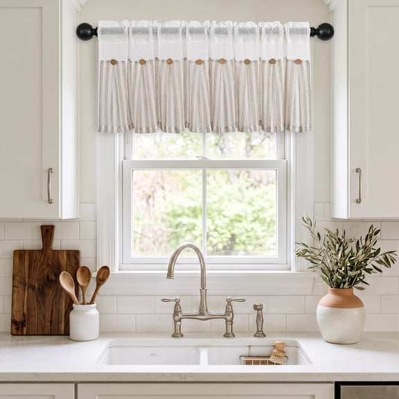 Hiasan Valance Curtain Striped Linen Button-Trim Valance, 52W x 18L, Light-Filtering & Semi-Sheer Farmhouse Rod Pocket Window Treatment for Kitchen, Cafe, Bedroom, Living Room, Beige, 1 Panel