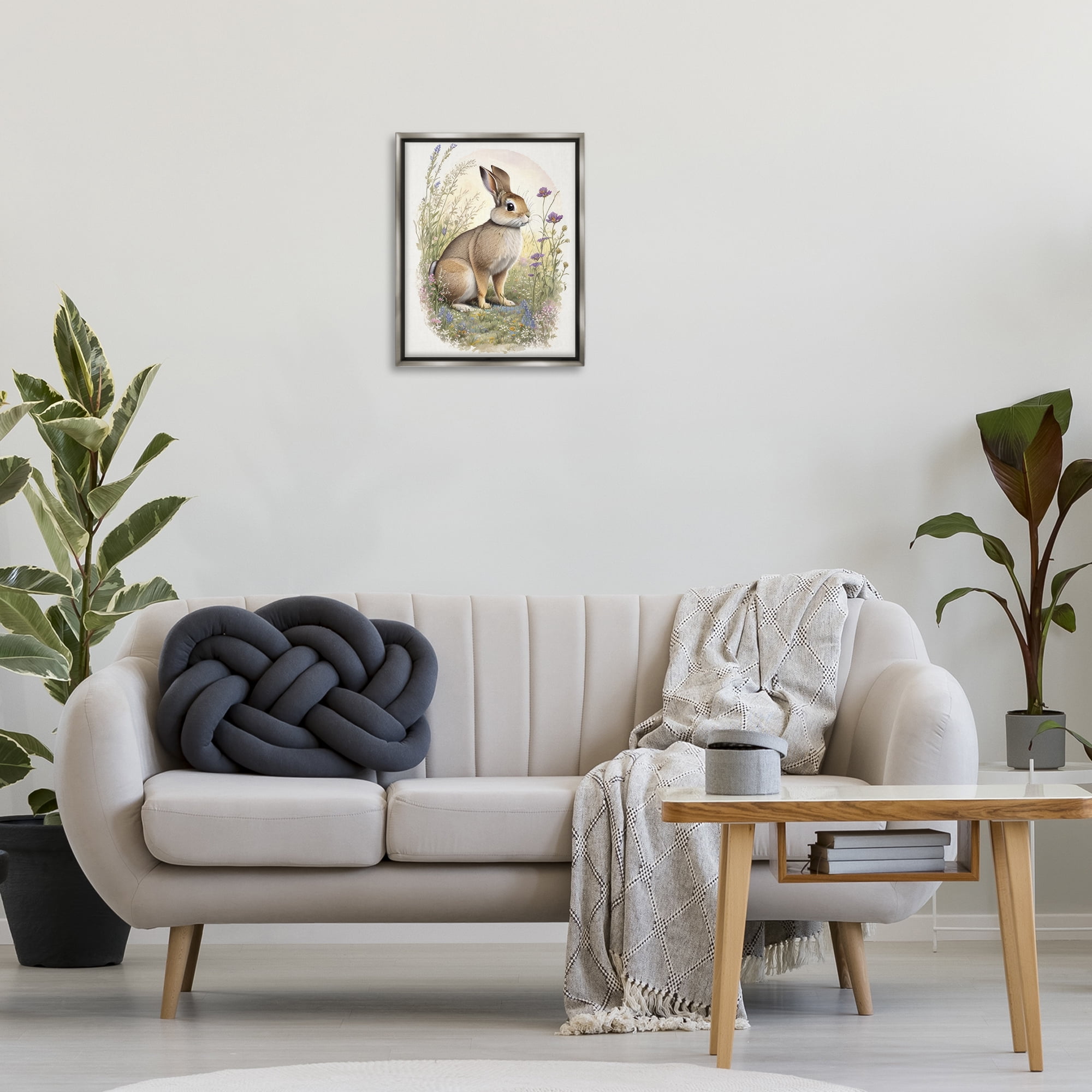 Stupell Industries Rabbit with Meadow Blooms Animals & Insects Painting Gray Floater Framed Canvas Art Print Wall Art, 17 x 21