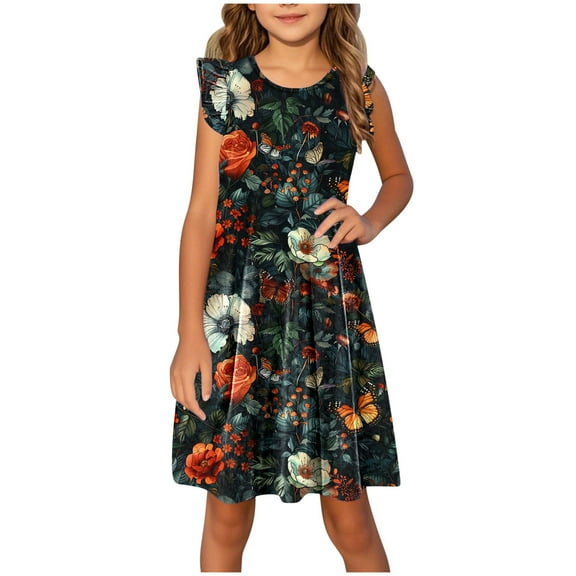 AUNVITO Girls Floral Print Flutter Sleeve Dress Summer Style Casual Kids' Dress