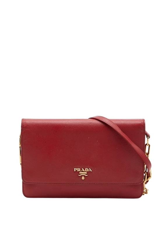 Pre-Owned Prada Logo Chain Wallet Shoulder Bag 1M1361 Red and Gold Saffiano Leather... (Fair)