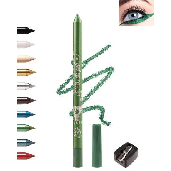 Green Eyeliner Pencil Gel, Sharpenable Multi-Use Colorful Eyeliner Waterline Waterproof Smudge-Proof Long Stay, High Pigmented Shimmer Cream Eye Liner Pen with Sharpener, Safe for Sensitive Eyes-08