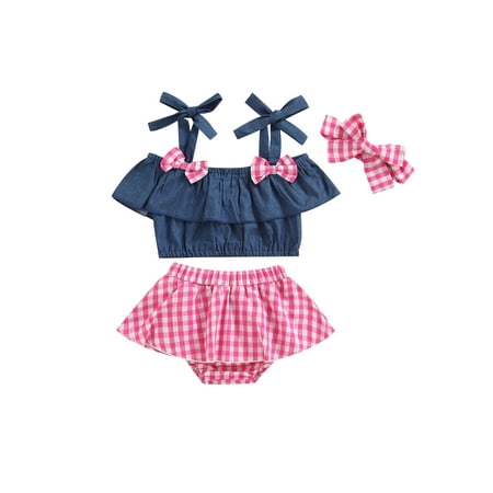 

Baby Girls Summer Sweet Solid Color Sling Crop Tops Shirt Casual Pink Plaid Ruffle Shorts