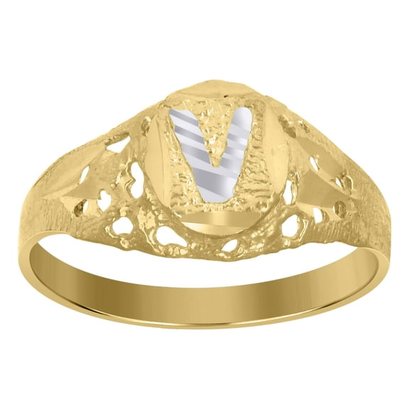 10kt 10k Two-Tone Gold Mens Diamond-Cut Textured Oval Initial Letter V Band Ring