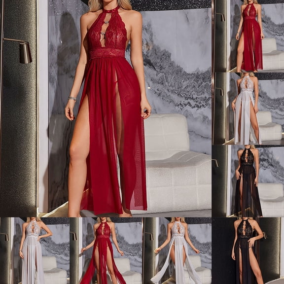 Kilaqueen Women Lingerie Lace Babydoll Nightdress Sexy Babydoll Chemise Nightgown V Neck Side Split Nightdress Sleeveless Flowy Sleepwear