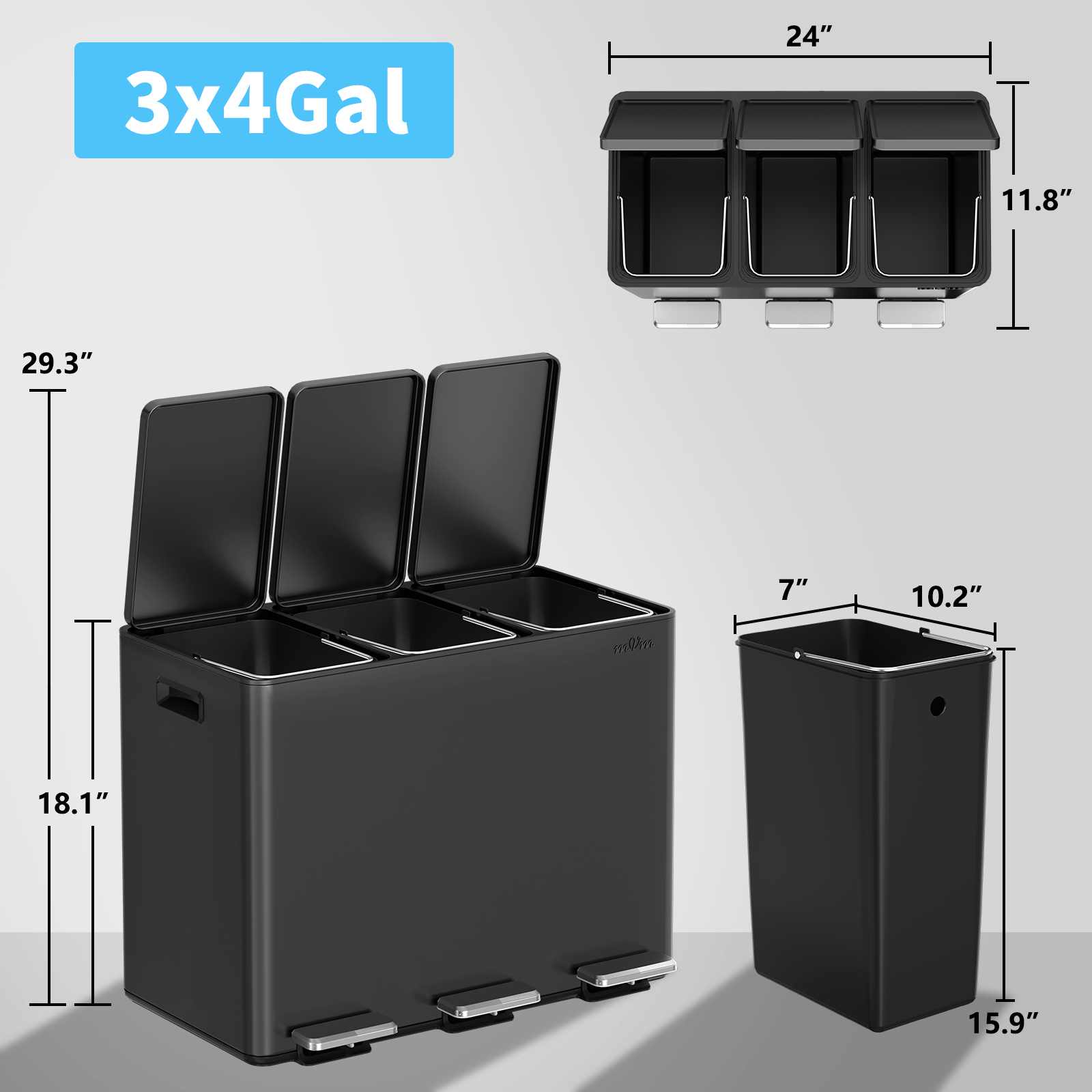 mVm 12 Gal/ 45L Stainless Steel 3 Compartment Trash Can, Triple Garbage Can（Black）
