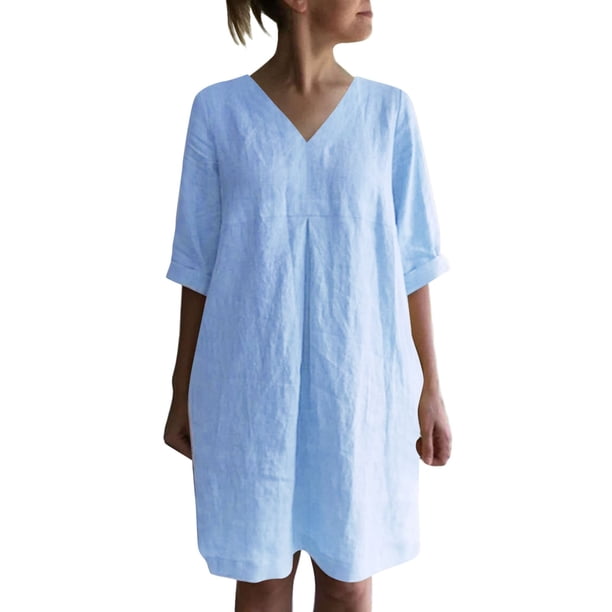 Vestido camisero de manga corta con cuello en V y botones para mujer: color liso, poliéster, informal/playa, tallas S-XXL, largo medio
