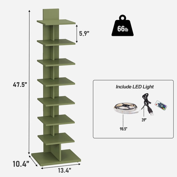 Narrow Bookshelf 8-Tier with LED Lights, Spine Corner Shelf for Small Space, Modern Standing Unit for Living Room Office Study Entryway, Olive Green
