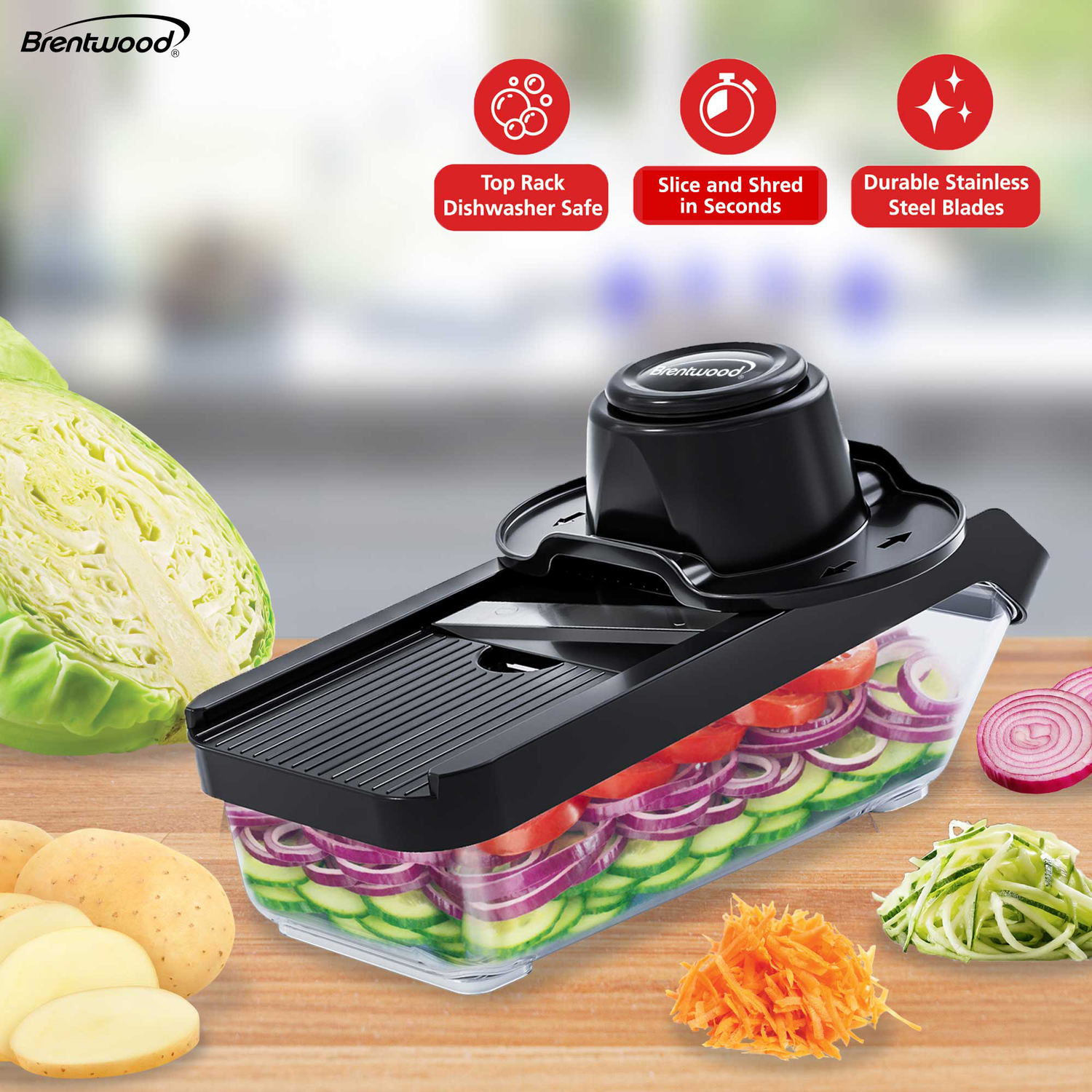 Brentwood Mandoline Slicer and Cheese Grater with 3.6-Cup Storage Container and 6 Interchangeable Stainless Steel Blades, Black, KA-5046BK