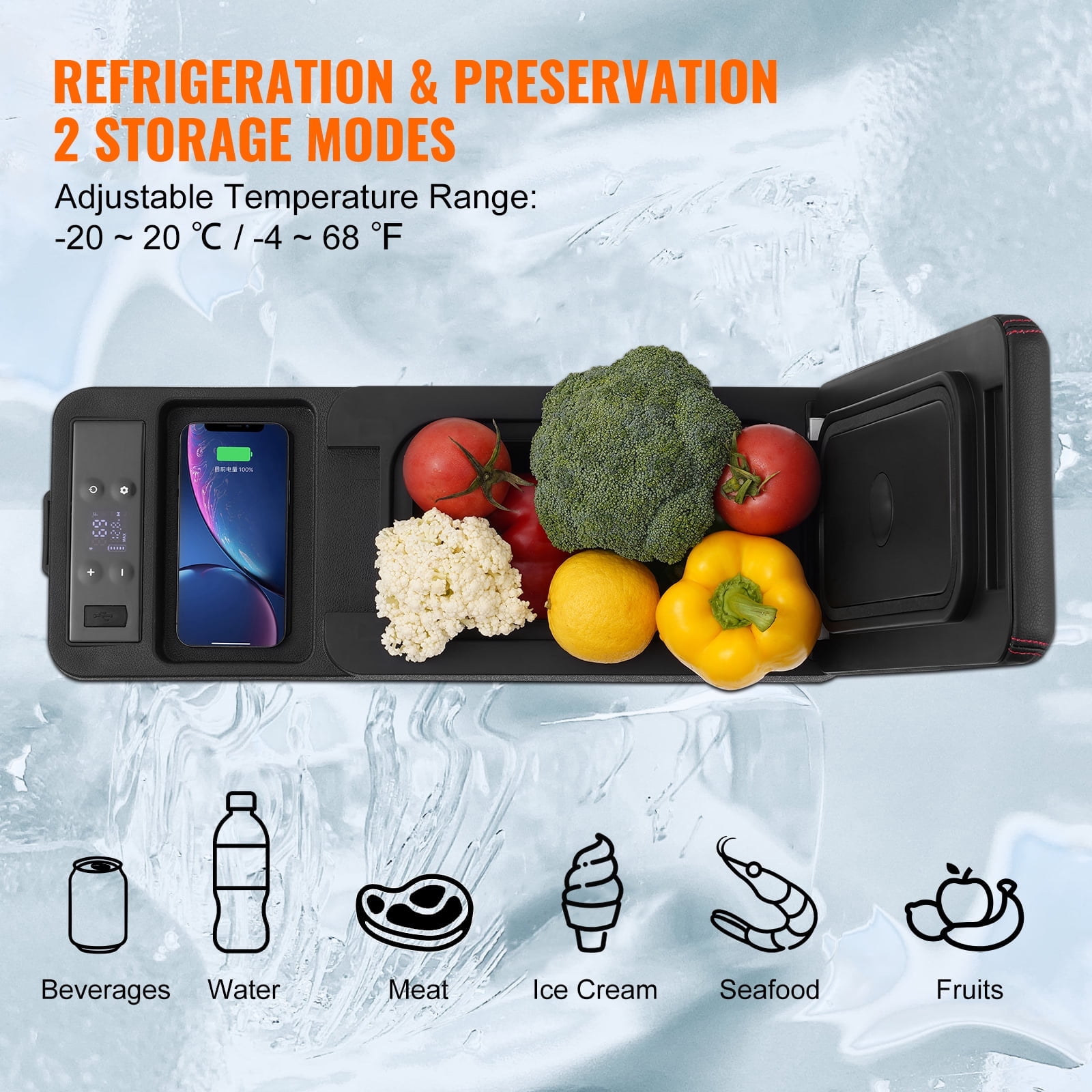 VEVOR Car Refrigerator, 12 Volt Car Armrest Refrigerator Fridge, 8 L Single Zone Portable Freezer, -4℉-68℉ Adjustable Range, 12/24V DC and 100-240V AC Compressor