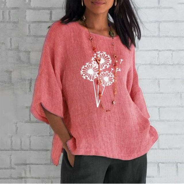 Hauts d'Été pour Femmes 2023 Haut Aguichant Imprimé Régulier Bouton Col Rond Manches Courtes Manches Trois-Quarts Boho Grande Taille T-Shirt pour Femmes