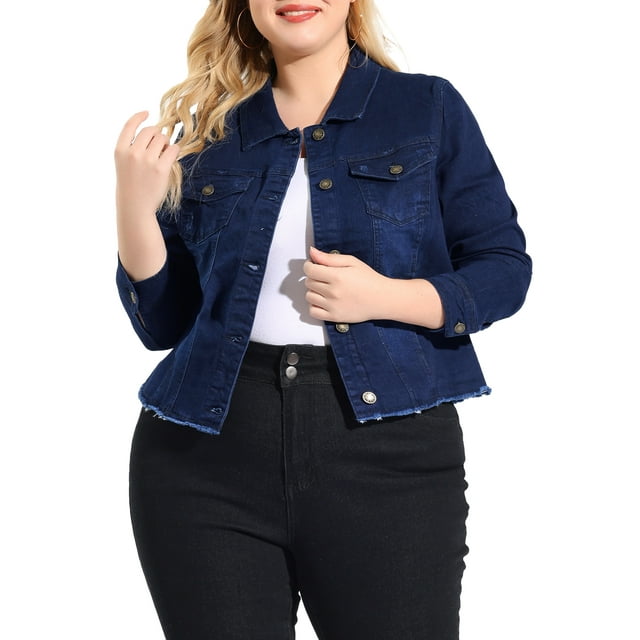 GRACE & GRANDEUR Juniors Plus Size Outfits Classic Washed Front Frayed Denim Jacket
