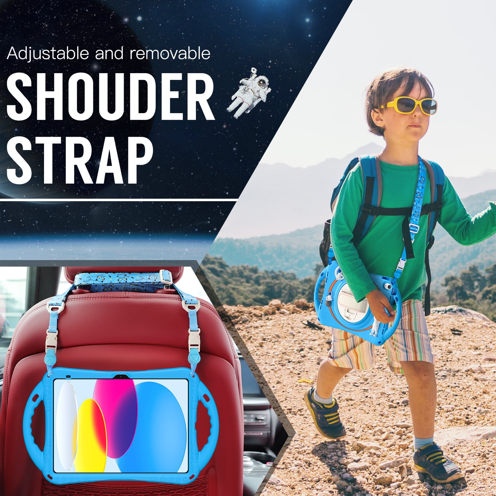 ELEHOLD for iPad 6th/5th Generation 9.7 inch Kids Case, Heavy Duty Pencil Cap Holder Kickstand 360° Rotating Hand Strap Carrying Shoulder Strap Shockproof Child-Proof Rugged Case, Blue