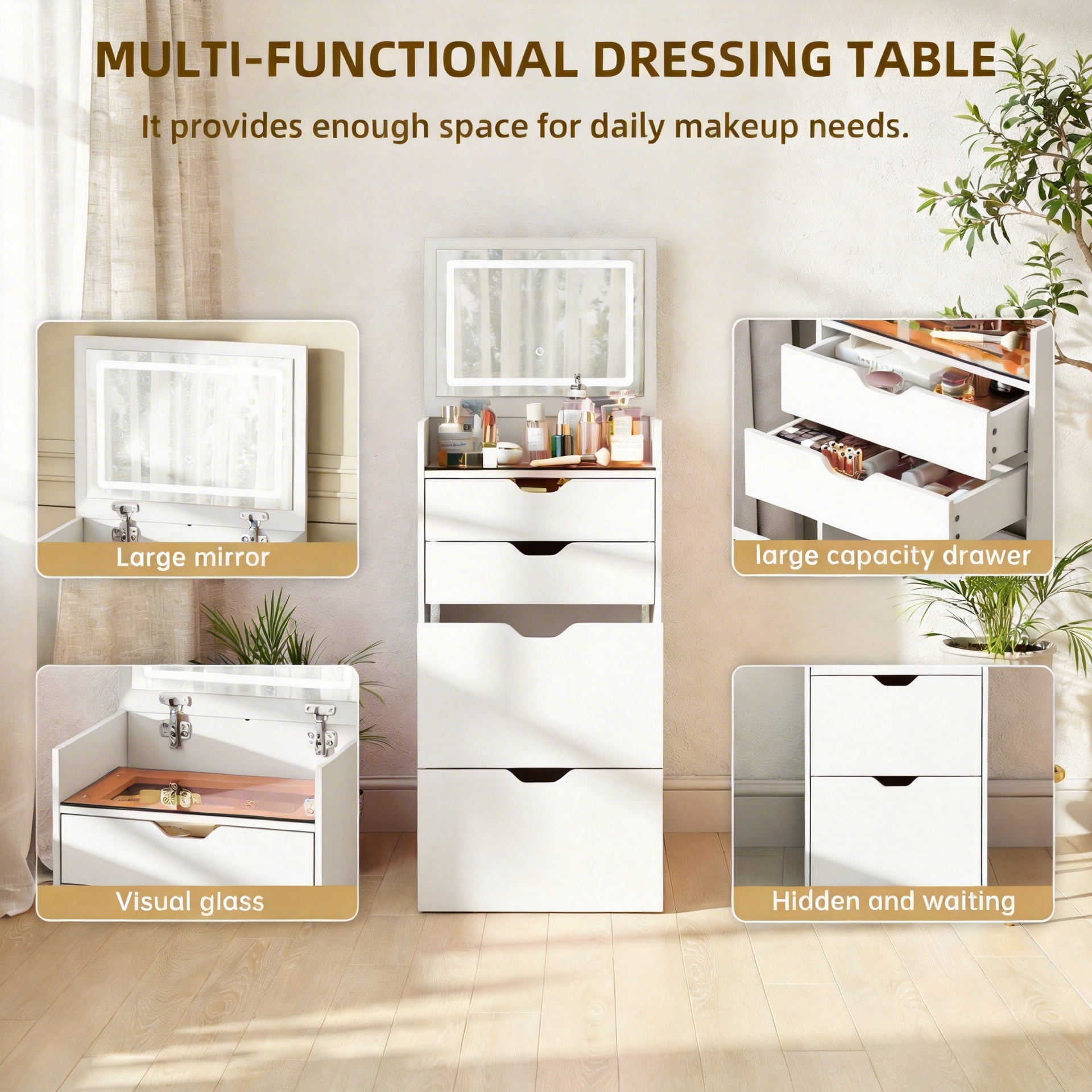 3-in-1 Vanity Desk with Lights & Flip Mirror, Small Makeup Vanity Set with Hidden Stool and Storage Drawers, Space-Saving Dressing Table for Bedroom, White