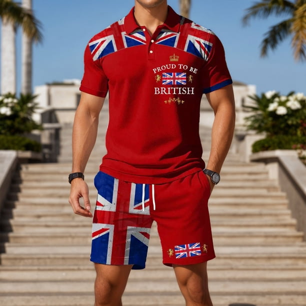 WILLBEST Pantalones Cortos Casuales para Hombre, con Bandera Europea y Británica, de Manga Corta, con Botones, Holgados y Cómodos, para Negocios Urbanos, Conjunto de Dos Piezas