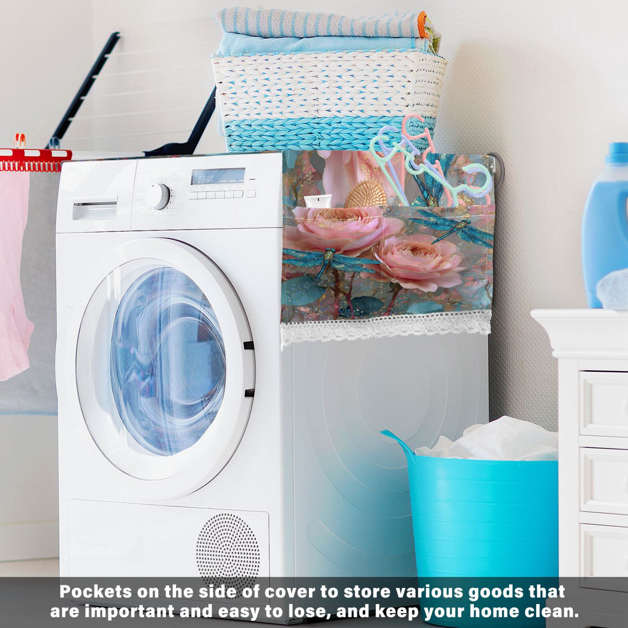 Wobogo Pink Rose Blue Dragonfly Washing Machine Cover Dustproof Washer Dryer Cover Waterproof Laundry Room Decorative Protector
