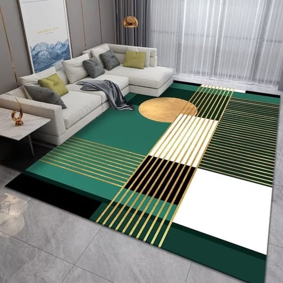 Emerald Green Area Rug, Modern Abstract Geometric Marble Carpets Minimalist Golden Lines Washable Floor Mats For Living Dining Room Bedroom 5' x 7'