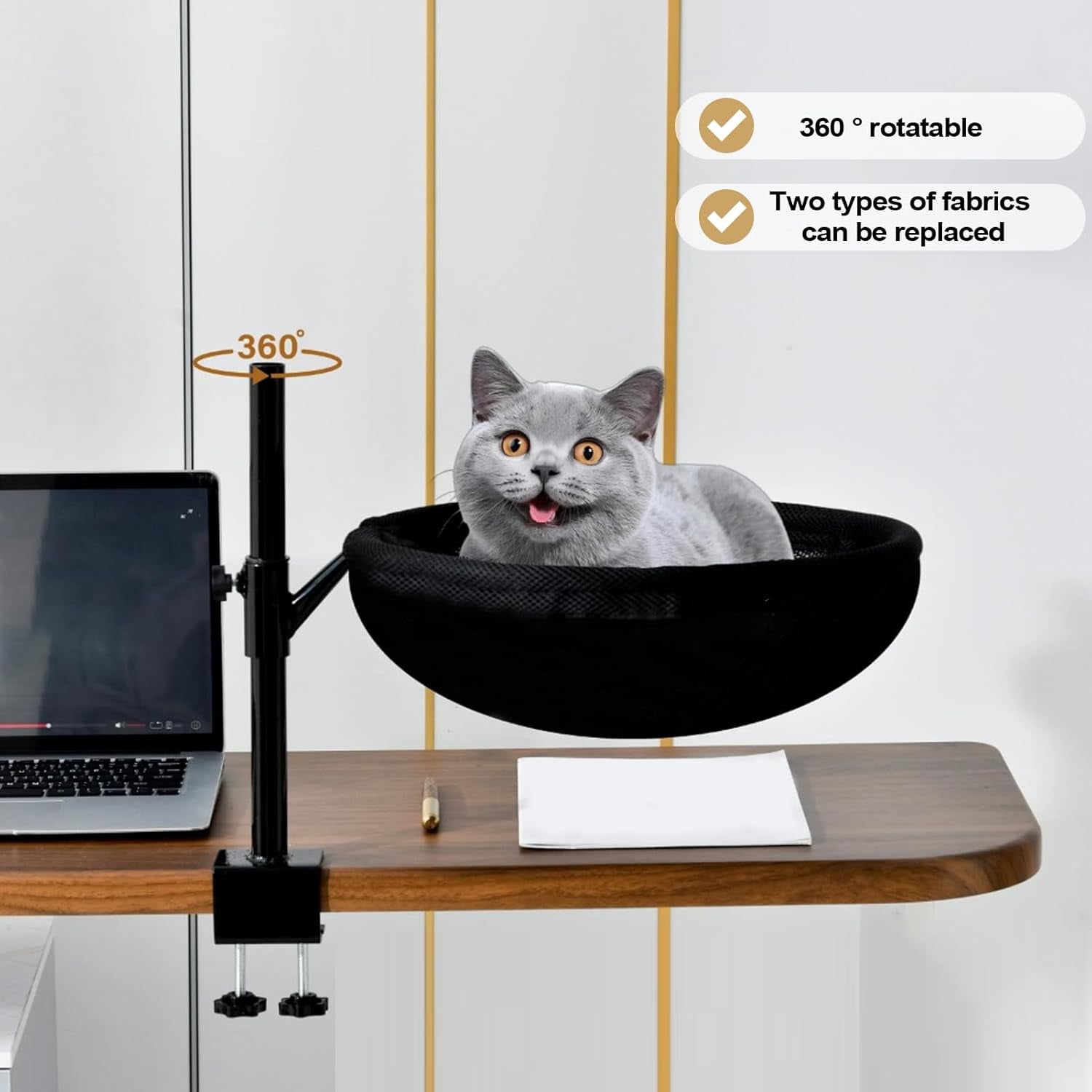 Cat Desk Bed, Cat Hammock for Home Office, Cat Desk Perch with 360° Rotating & Adjustable Height, Modern Indoor Cat Furniture, Foldable Cat Beds Office Desks, Gaming Tables & Island Tables