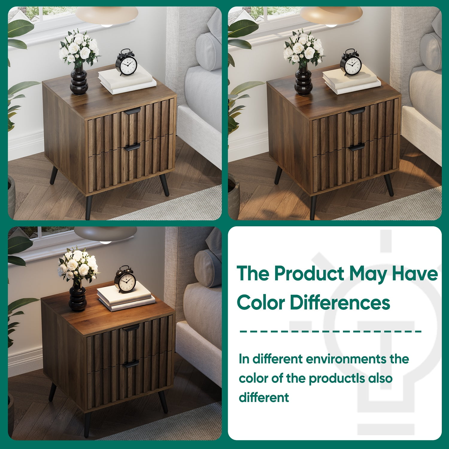 Algherohein Night Stands for Bedroom Set of 2,End Tables for Living Room with 2 Fluted Drawer,Walnut