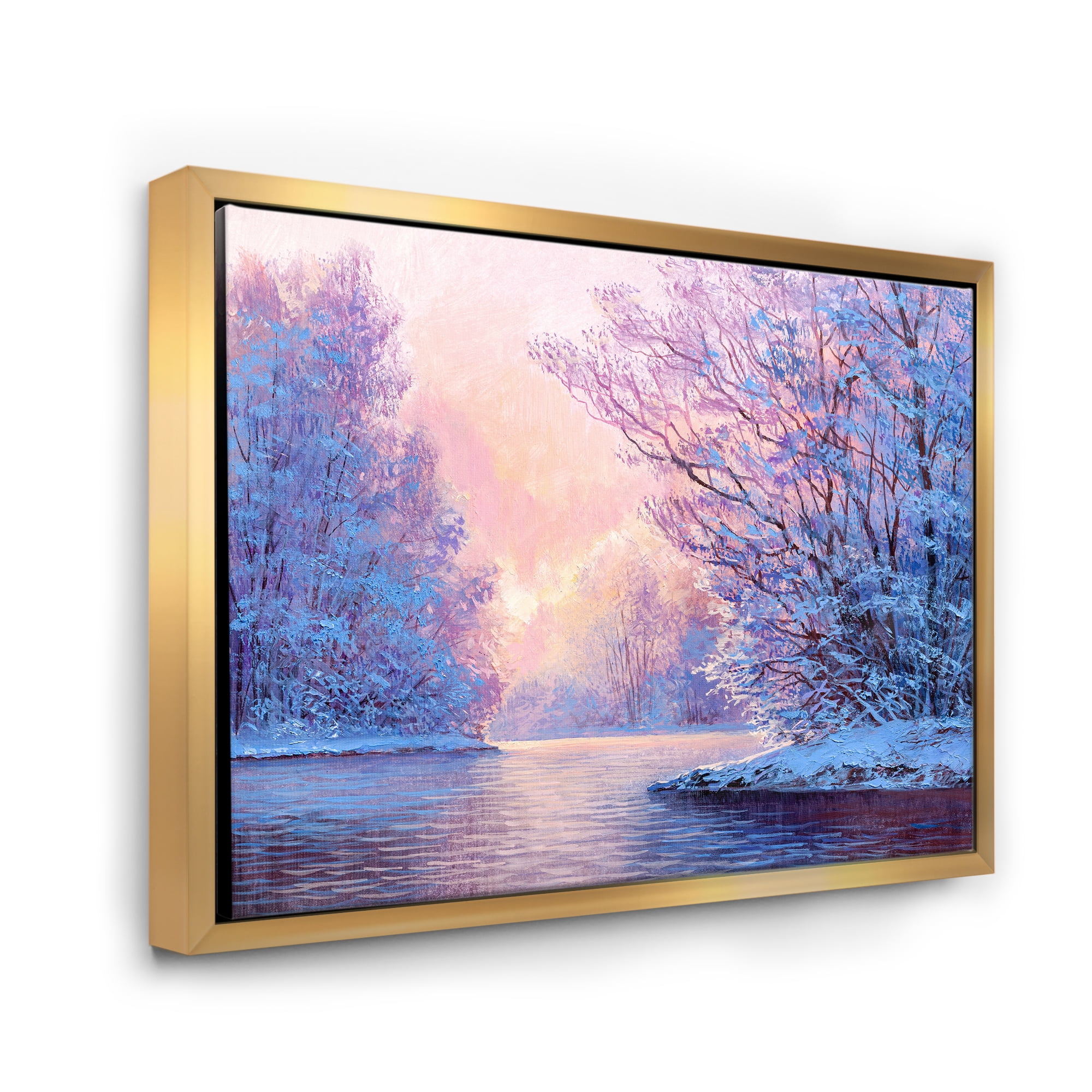 Designart 'The River Original With Winter Landscape' Lake House Framed Canvas Wall Art Print