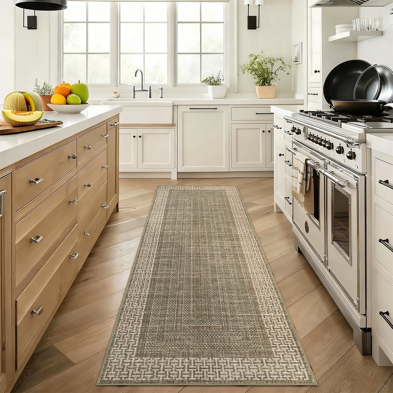 Garvee 2'x6' Geometric Bordered Runner Rug Contemporary Indoor Carpet, Washable Rug Non Slip Low Pile Rug for Hallway Bedroom Kitchen, Brown