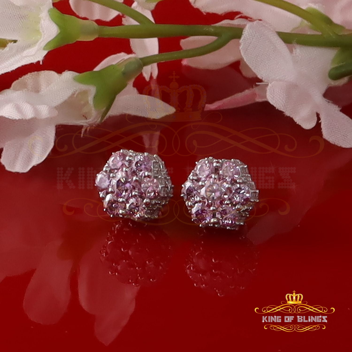 King of Bling's Men/Women's 925 Silver White 2.50ct VVS D Pink Moissanite 7 stone Stud Earrings