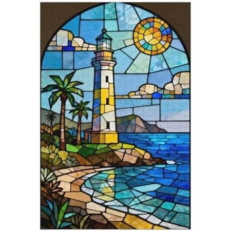1000 Piece Jigsaw Puzzle for Adults Lighthouse Stained Glass Puzzle Seaside DIY Art Puzzle Colorful Home Wall Decor Fun Challenging Puzzle for Family 30x20 in